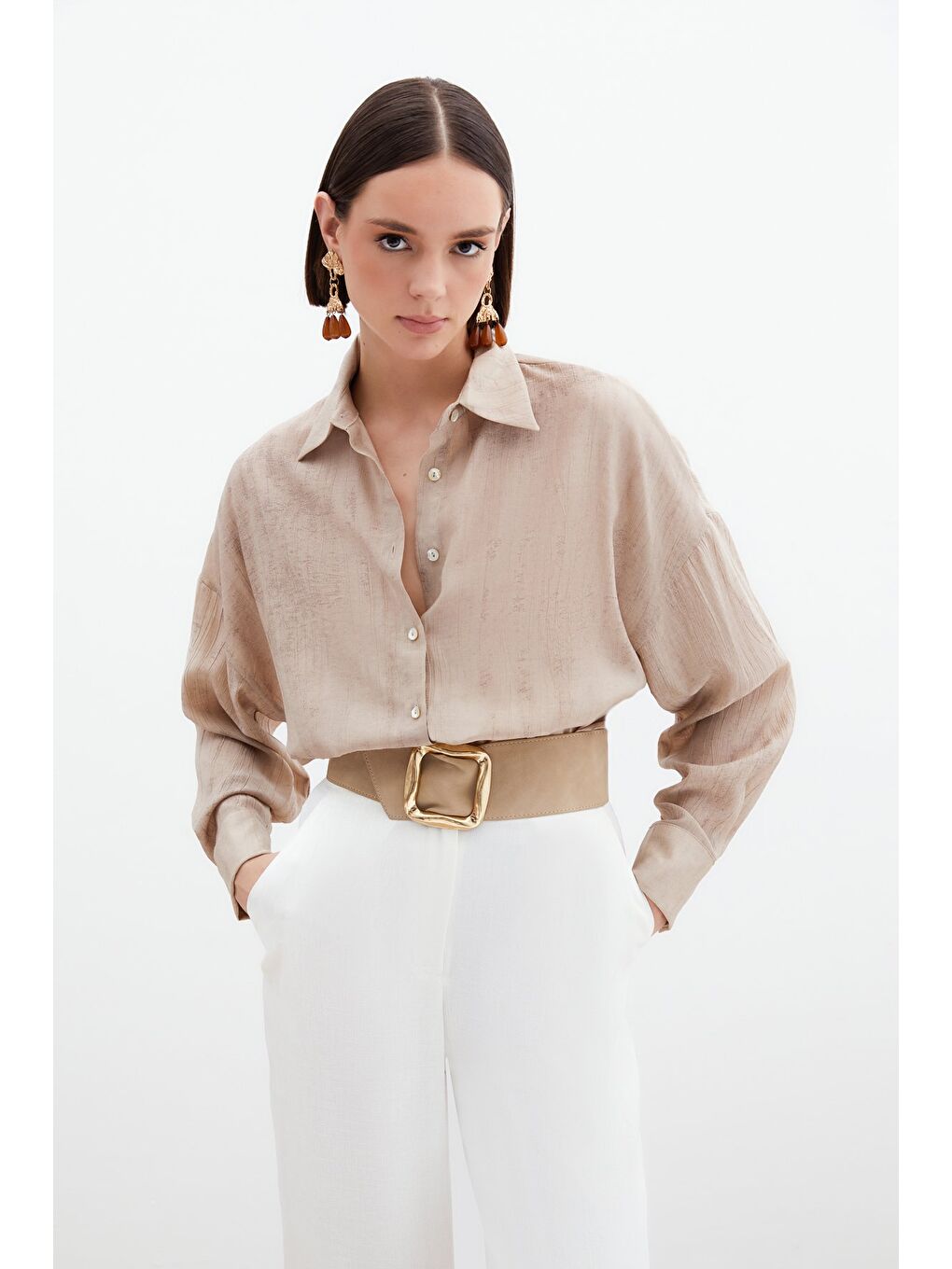 Desenli İnce Salaş Gömlek - Bej-3