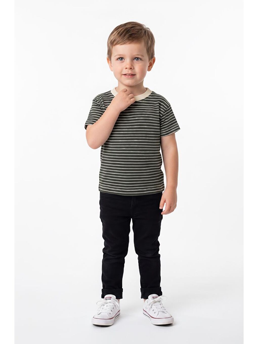 Haki Elastanlı Kabartma Çizgili 2li Tişört Paket-1