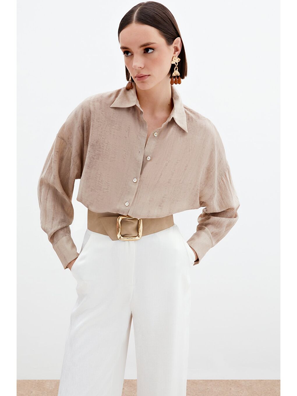 Desenli İnce Salaş Gömlek - Bej-4