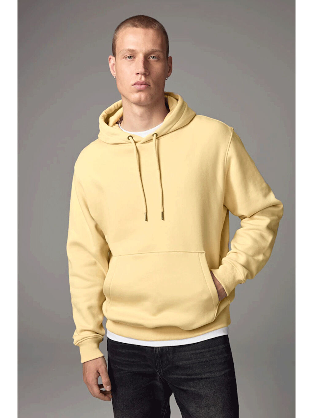 Bej Kapüşonlu Standart Kalıp İçi Polarlı 3 İplik Kalın Erkek Büyük Beden Hoodie spr25sw55