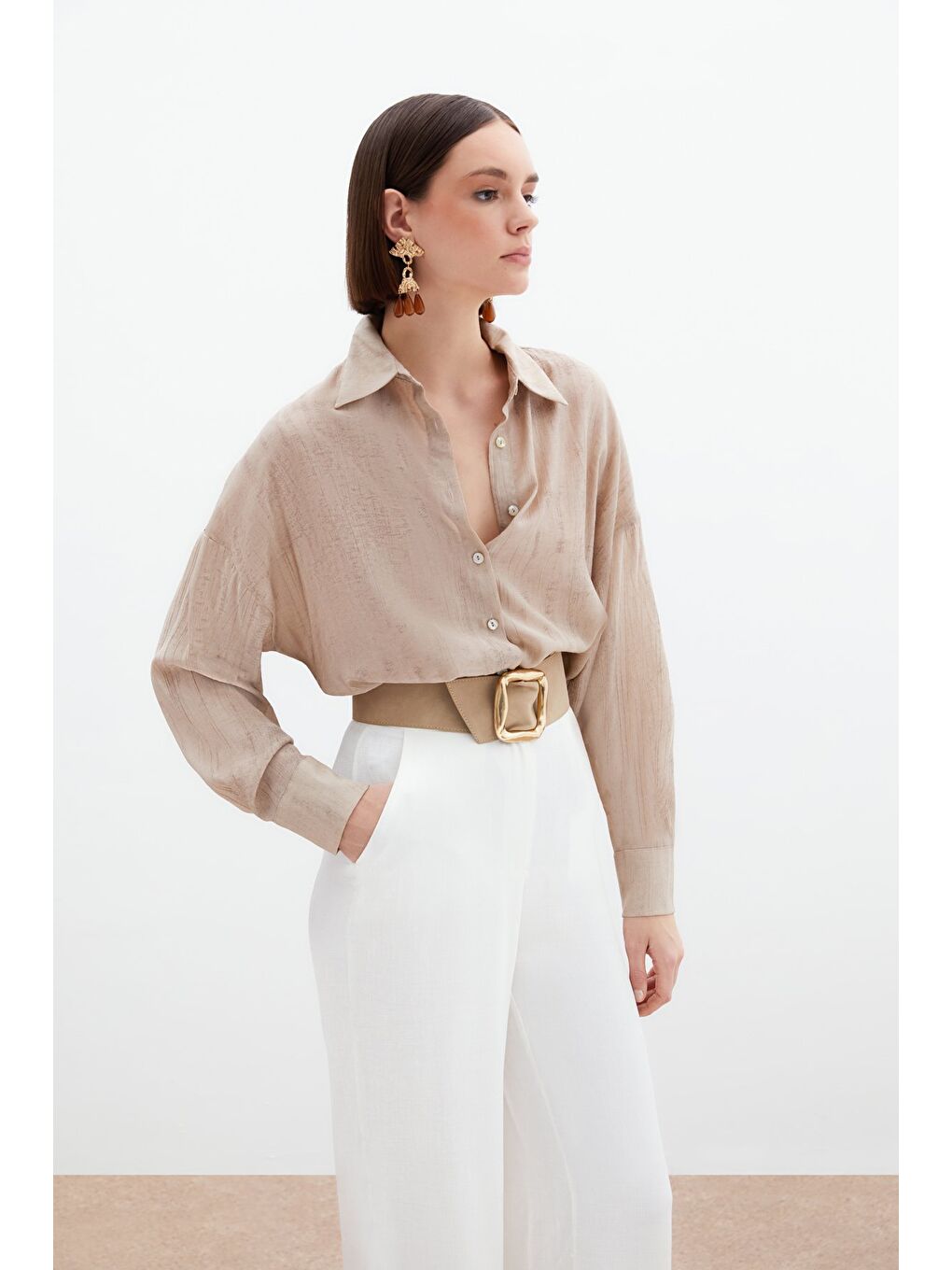 Desenli İnce Salaş Gömlek - Bej-5