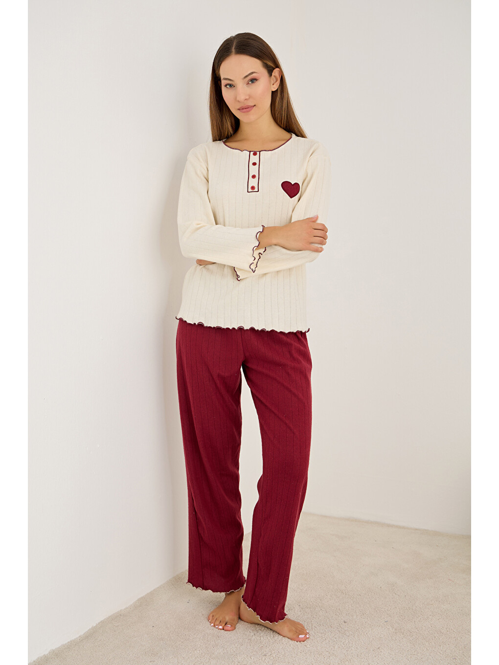Bordo Kalp Nakışlı Örme İnterlok Pijama Takım25226009-3