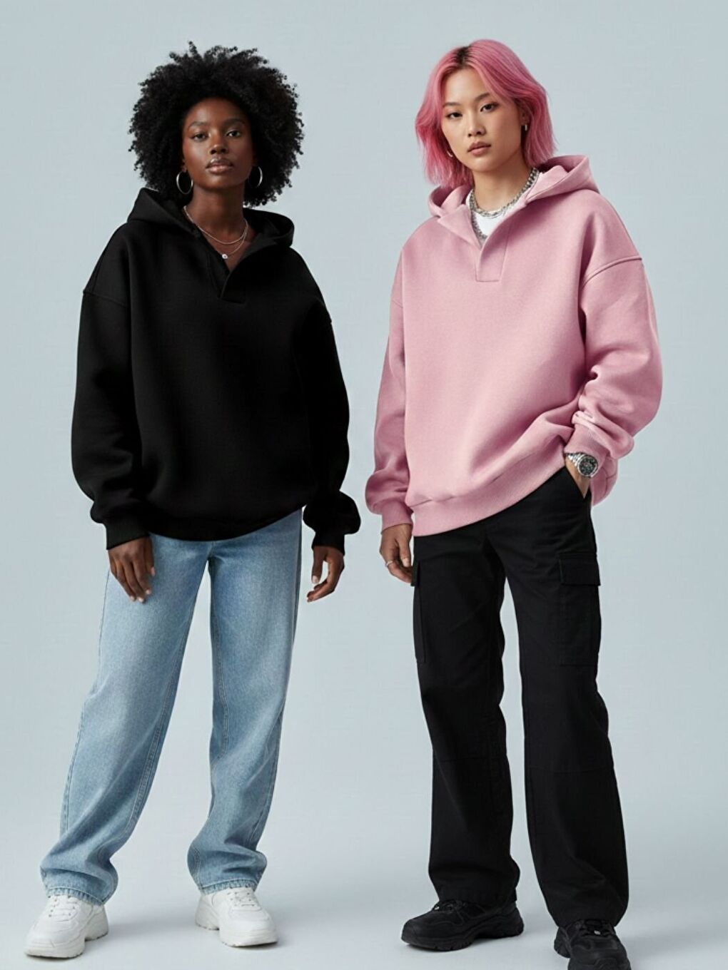 Karışık 2Li Set Pembe Siyah Relax Yaka Detay Oversize Kapüşonlu Sweatshirt