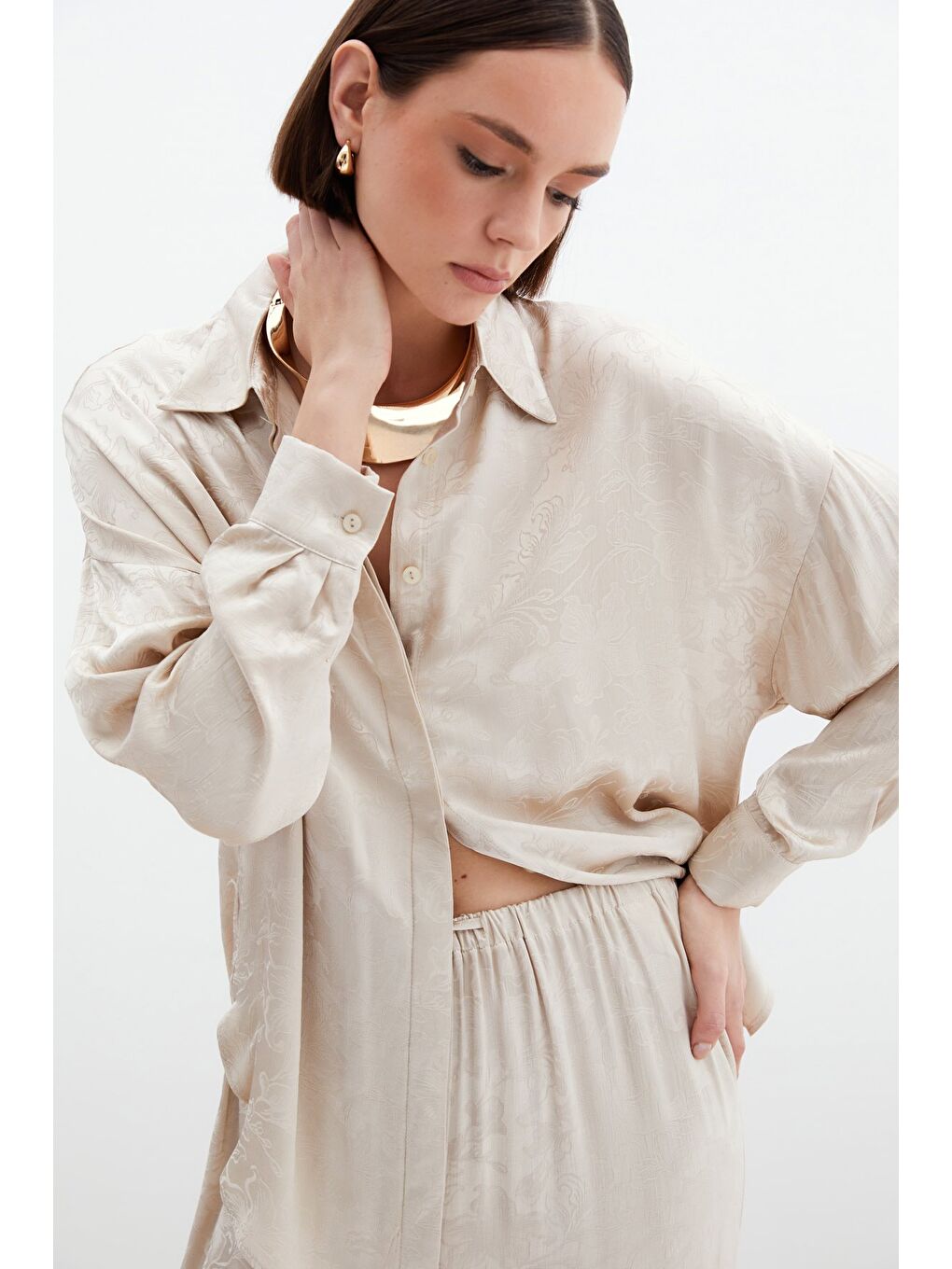 Jakarlı Saten Gömlek - Bej-4