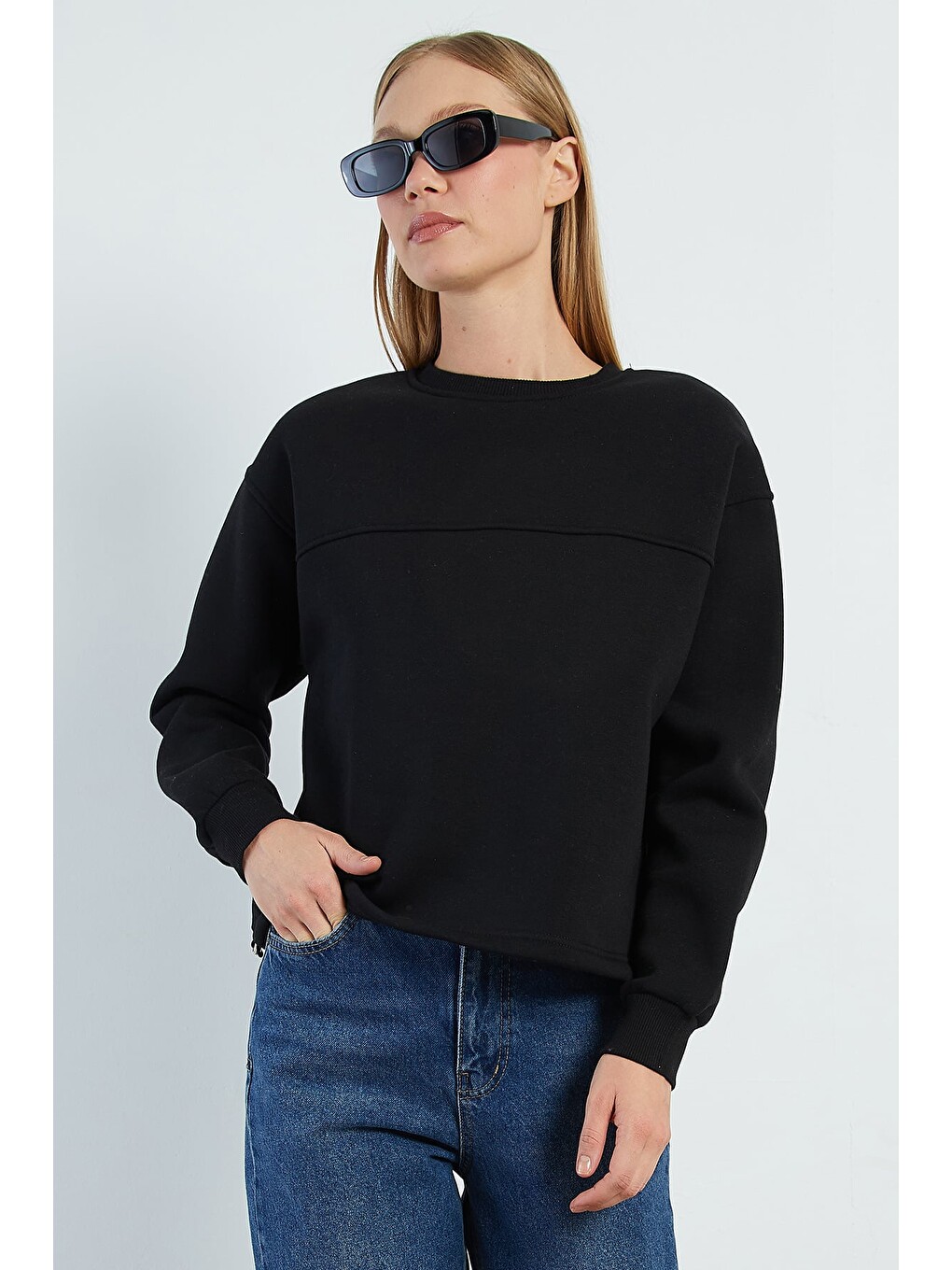 Siyah 3 İplik Stoperli Oversize Sweatshirt-1