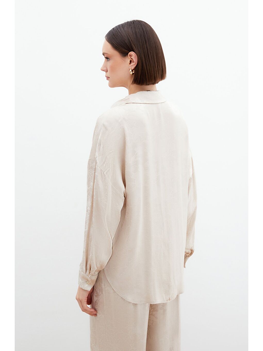 Jakarlı Saten Gömlek - Bej-5