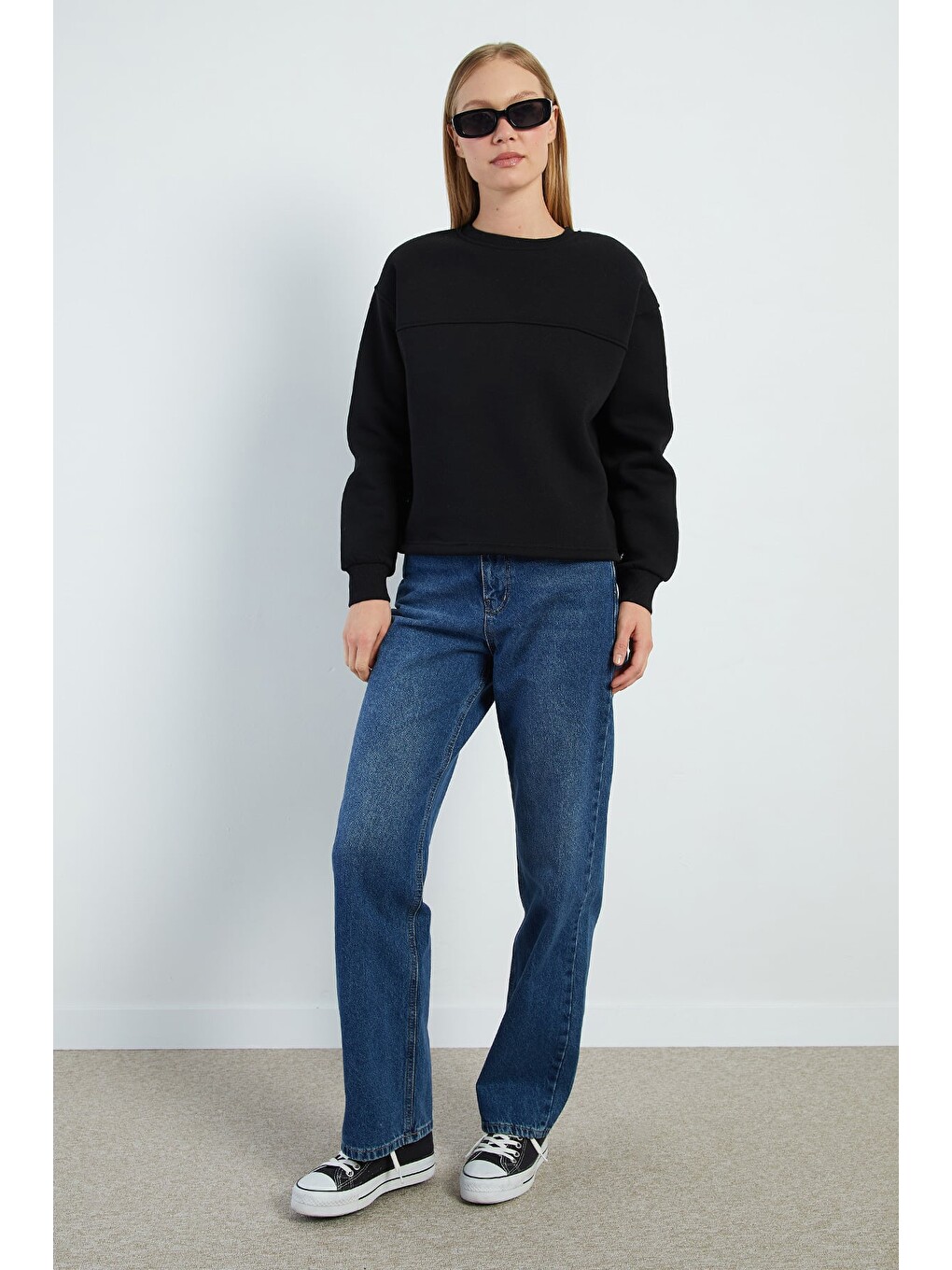 Siyah 3 İplik Stoperli Oversize Sweatshirt-2