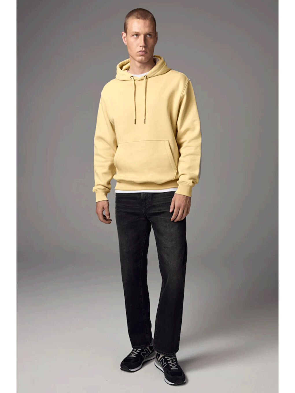 Bej Kapüşonlu Standart Kalıp İçi Polarlı 3 İplik Kalın Erkek Büyük Beden Hoodie spr25sw55-1