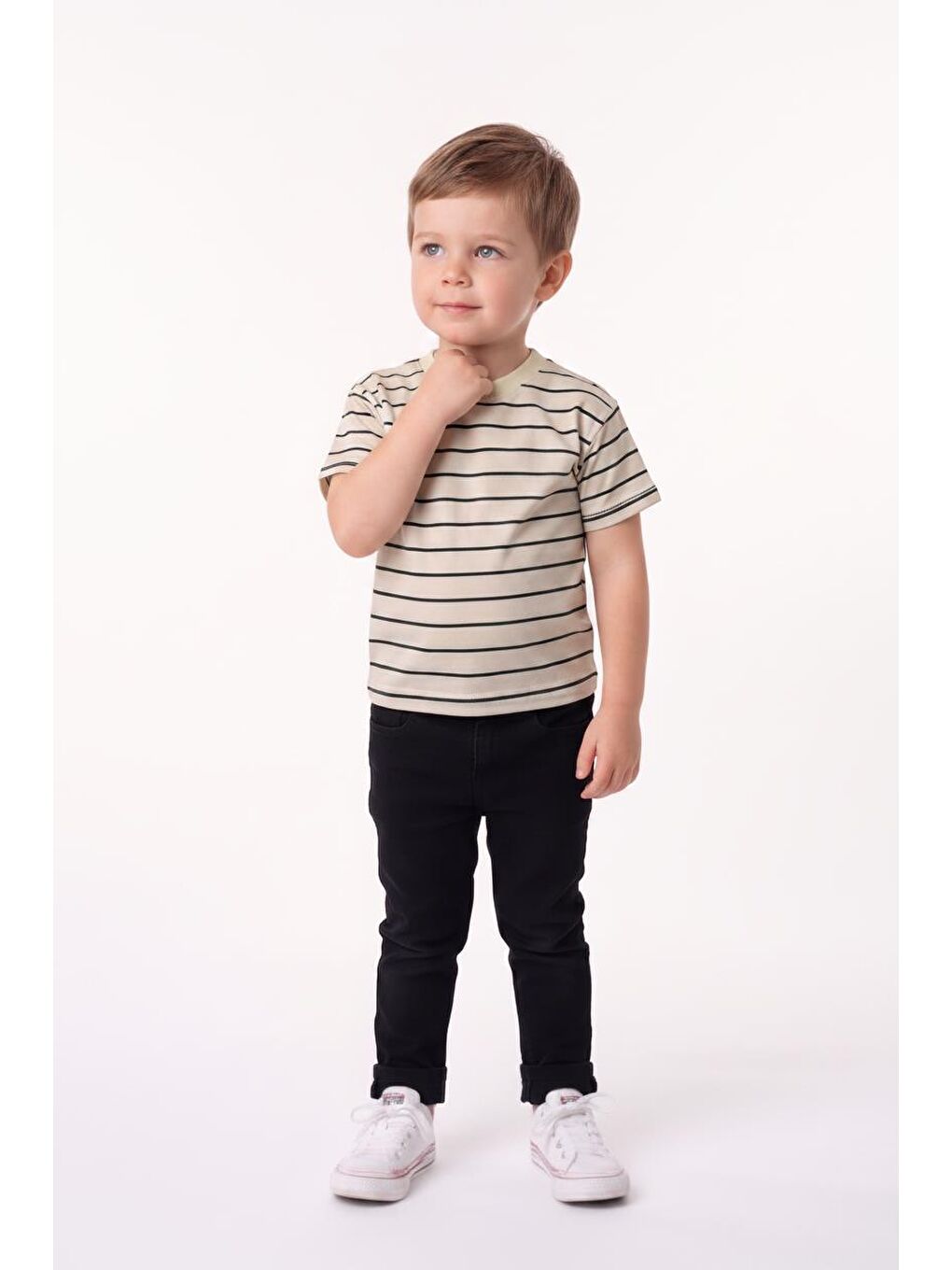 Haki Elastanlı Kabartma Çizgili 2li Tişört Paket-2