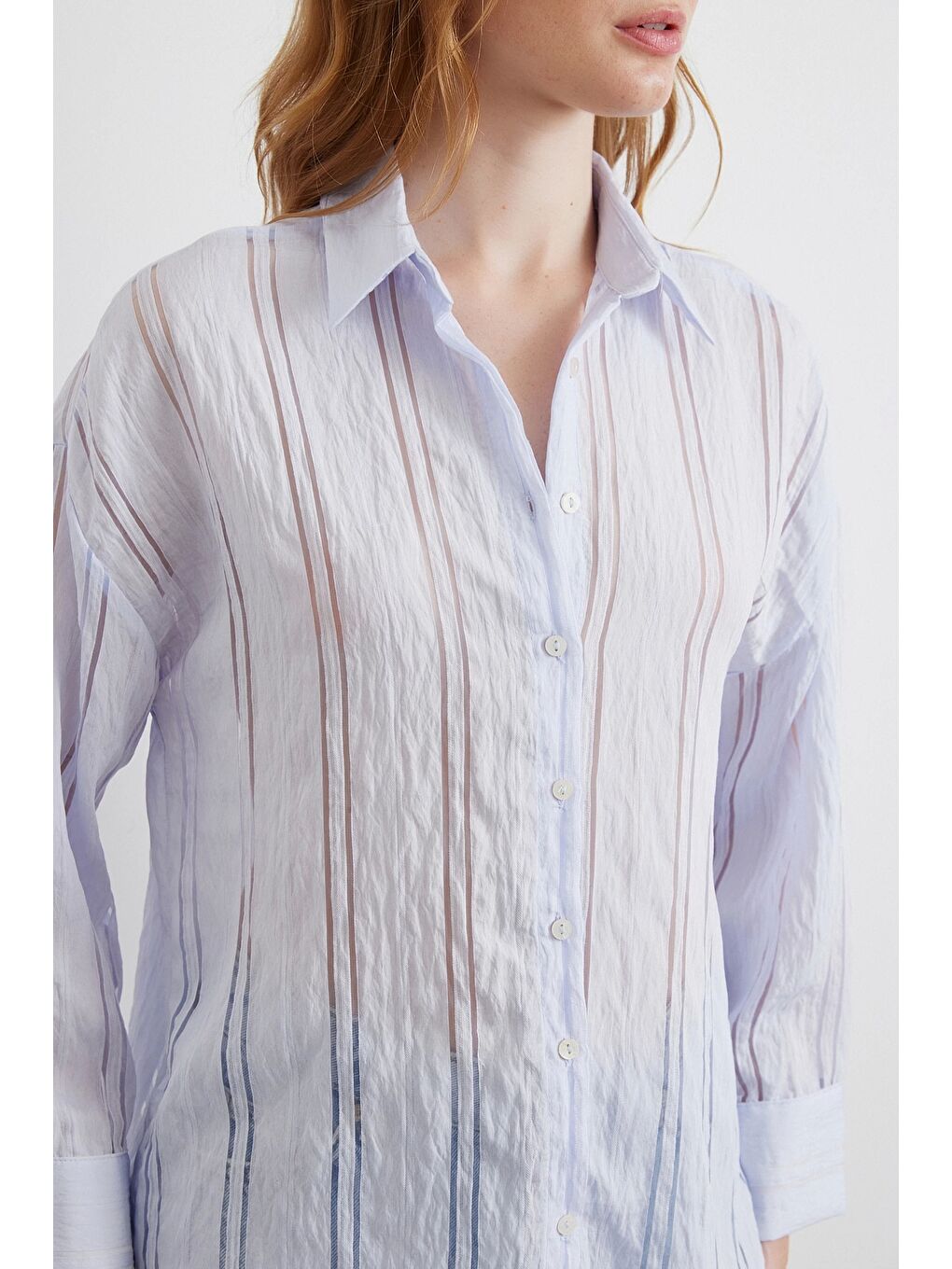 Organze Çizgili Gömlek Mavi-2