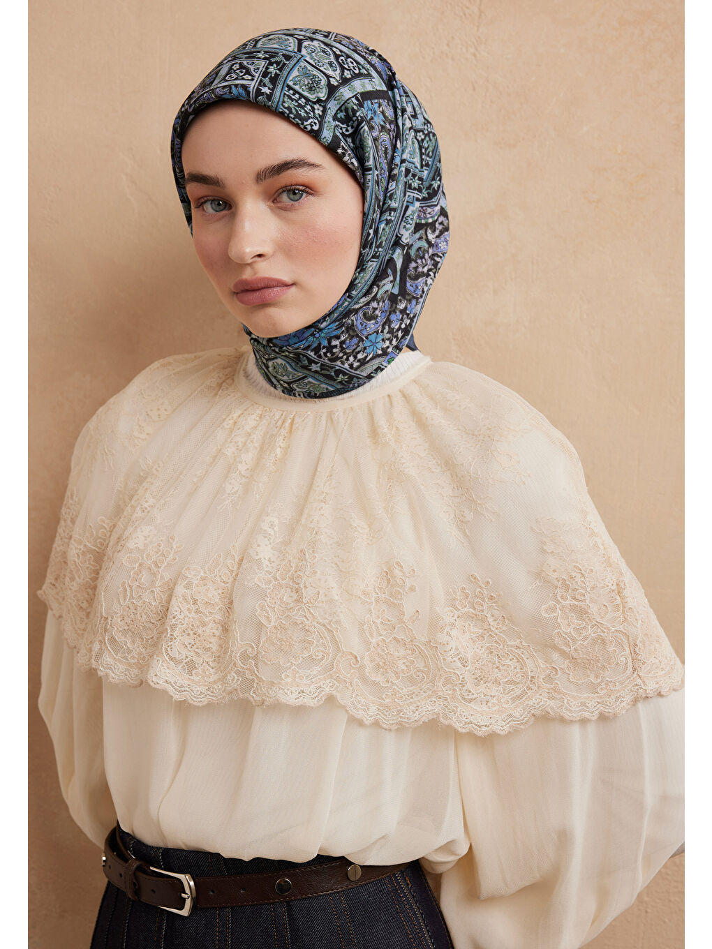 Nordıc Paısley Desen Pamuk İpek Eşarp İndigo-2