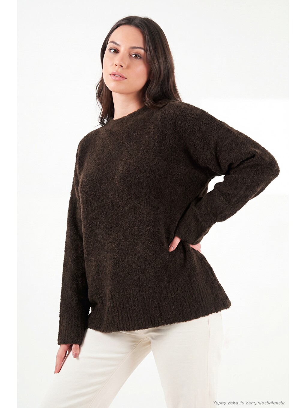 Kahverengi Regular Fit Dik Yaka Yumuşak Dokulu Triko Kadın Kazak 4616222-3