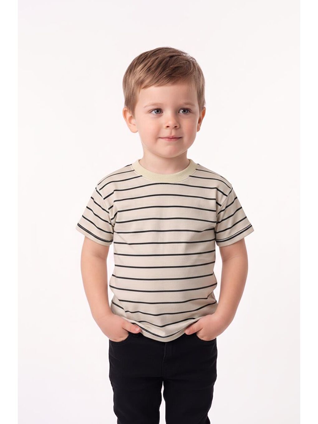 Haki Elastanlı Kabartma Çizgili 2li Tişört Paket-3
