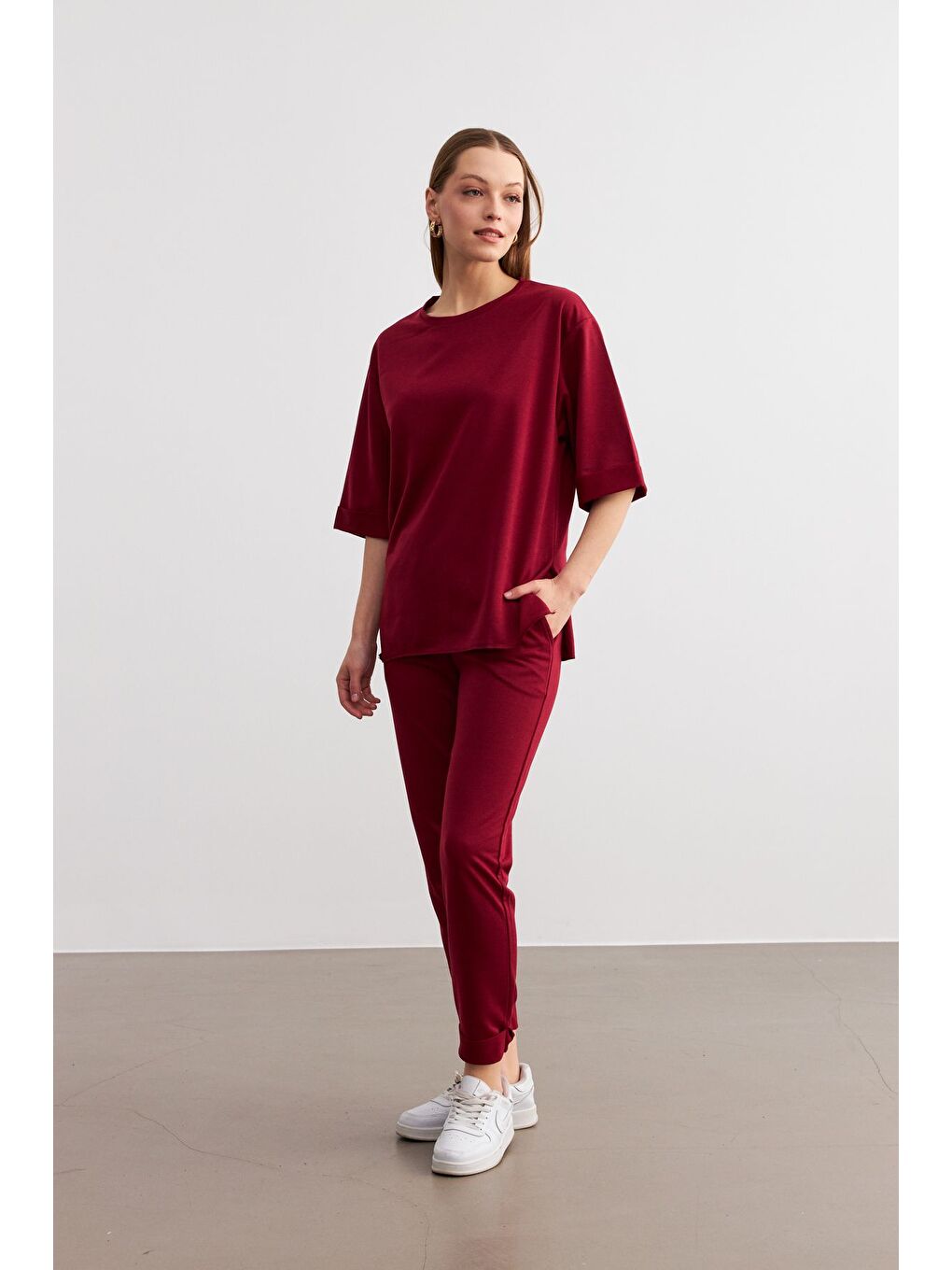 Kadın Bordo Bisiklet Yaka Duble Kol ve Paça Alt Üst Takım-1