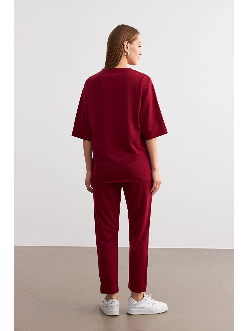 Kadın Bordo Bisiklet Yaka Duble Kol ve Paça Alt Üst Takım-2