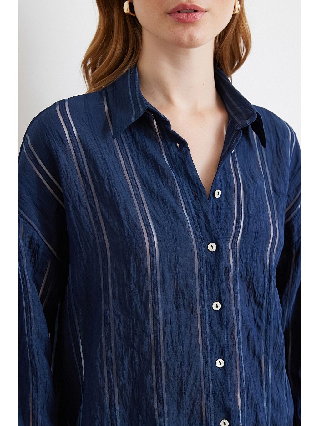 Organze Çizgili Gömlek Lacivert-4