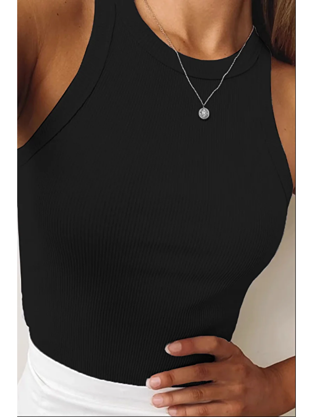 Siyah Kadın Fitilli Görünümlü Kalın Askılı Basic Atlet