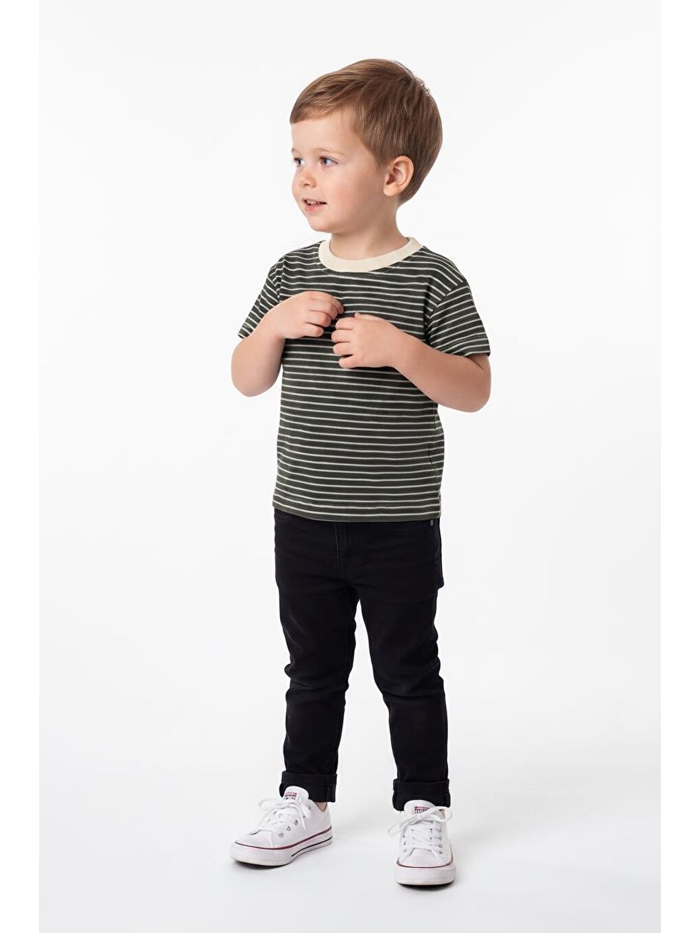 Haki Elastanlı Kabartma Çizgili 2li Tişört Paket-4