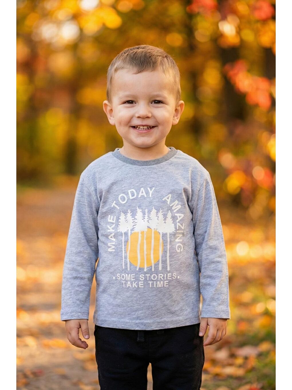 Erkek Çocuk %100 Pamuk Baskılı Uzun Kollu Tişört - Gri Melanj (3-4 Yaş 8-9 Yaş)