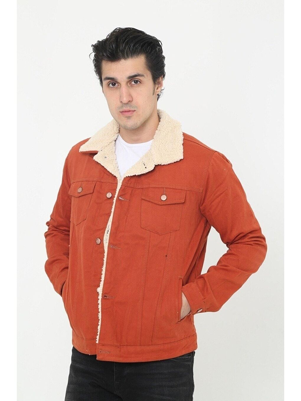 Kahverengi Erkek Trend Kışlık Içi Kürklü Jean Ceket Kiremit-1
