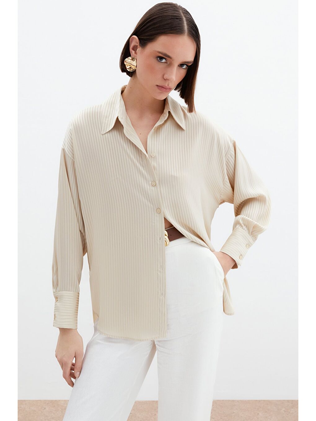 Kendinden Çizgi Desenli Gömlek - Bej-1