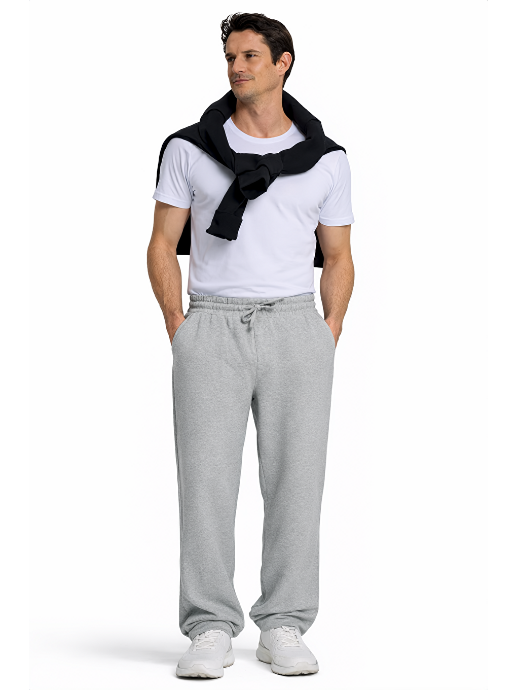 Erkek Gri Pamuklu Baggy Fit Rahat Kesim Beli Bağcıklı Yan Cepli Örme Eşofman Altı-1