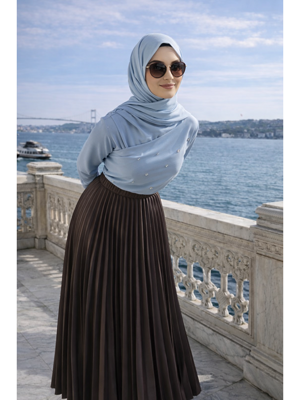 Kahverengi Kadın Premium Pileli K.Kahve Uzun Tesettür Etek-1