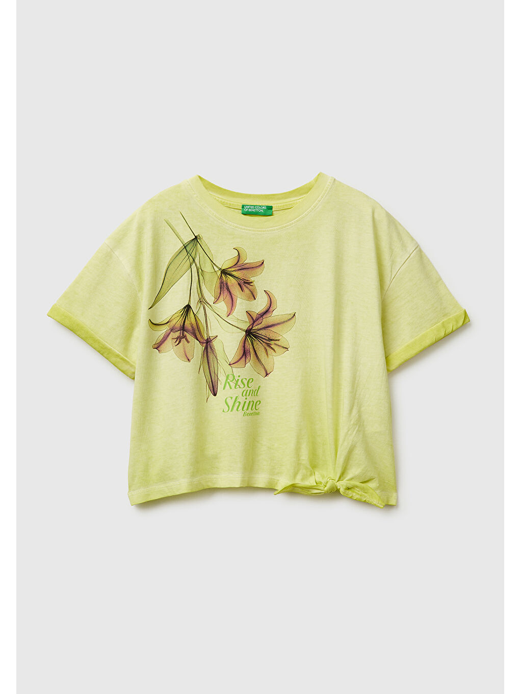 Kız Çocuk Sarı Etek Ucu Düğümlü Baskılı Boxy Fit Kısa Kollu T-Shirt