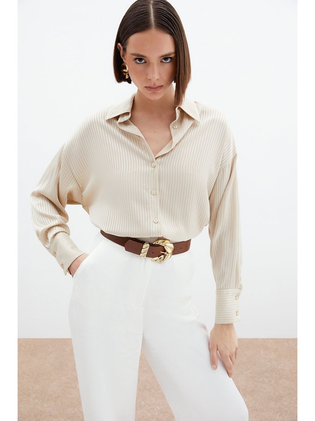 Kendinden Çizgi Desenli Gömlek - Bej-2