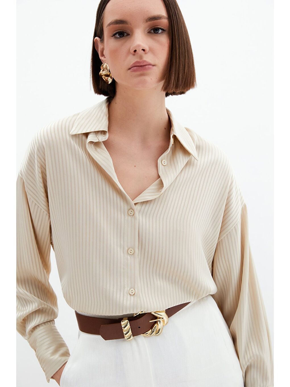 Kendinden Çizgi Desenli Gömlek - Bej-3