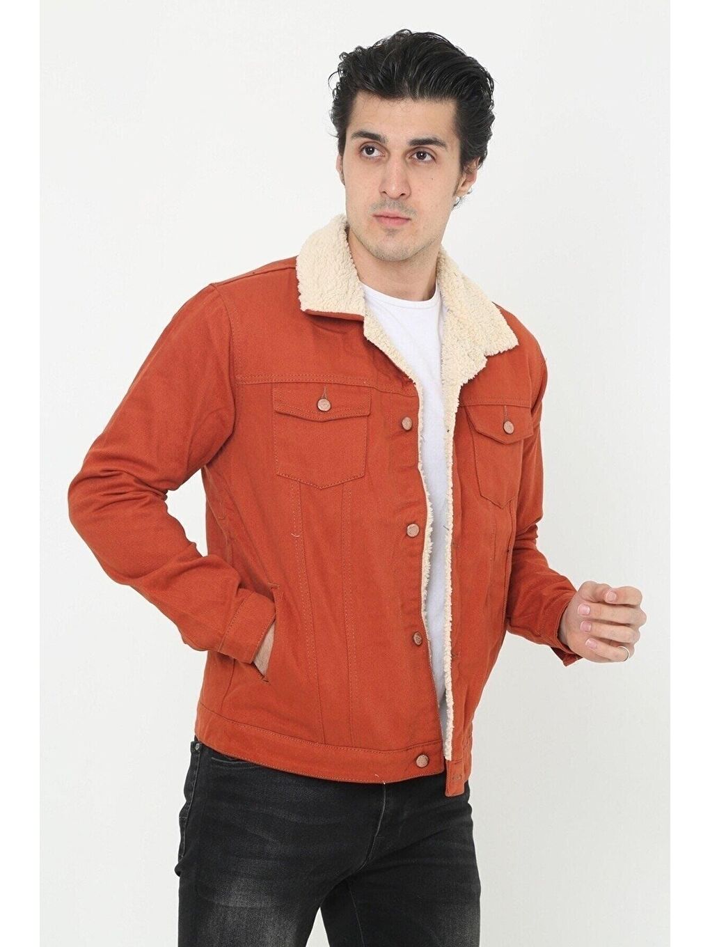Kahverengi Erkek Trend Kışlık Içi Kürklü Jean Ceket Kiremit-2
