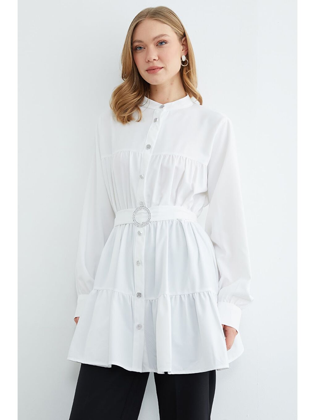 Beyaz Fullamodest Beli Kemerli Taşlı Tunik-2