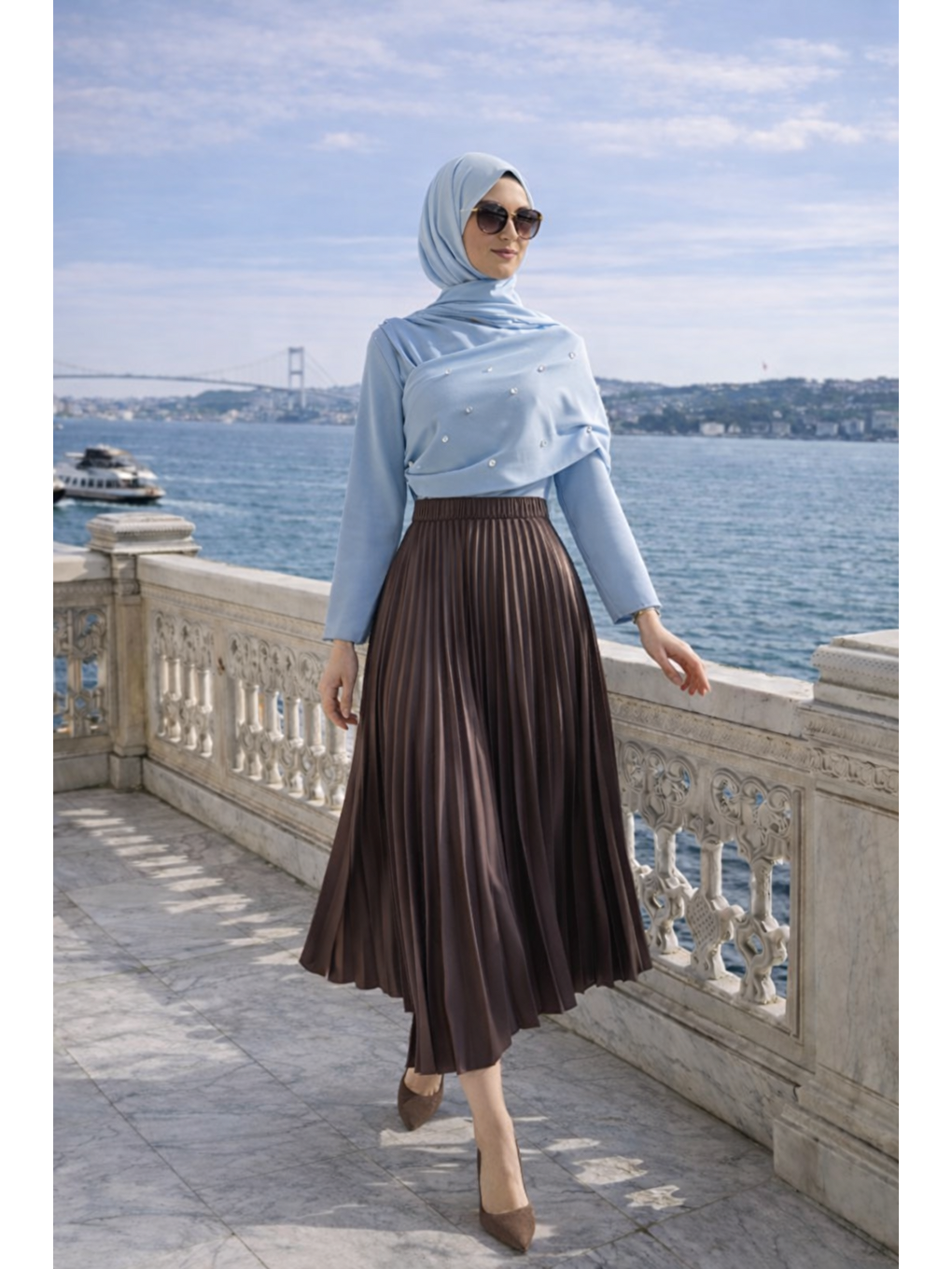 Kahverengi Kadın Premium Pileli K.Kahve Uzun Tesettür Etek-2