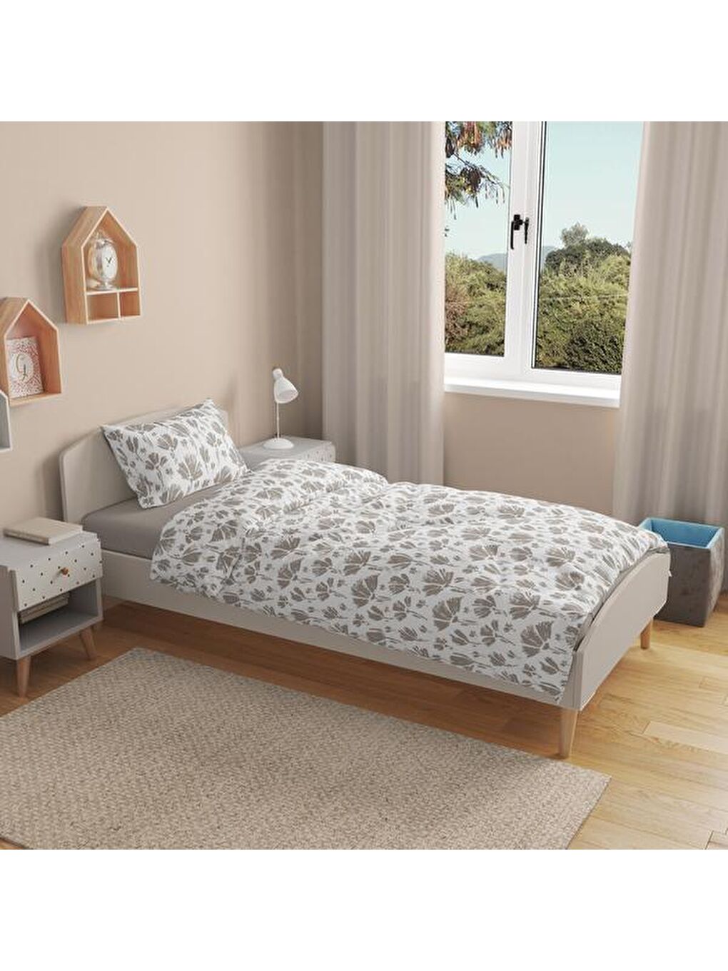 Soft Lily Tek Kişilik Nevresim Takımı - Gri / Beyaz-1