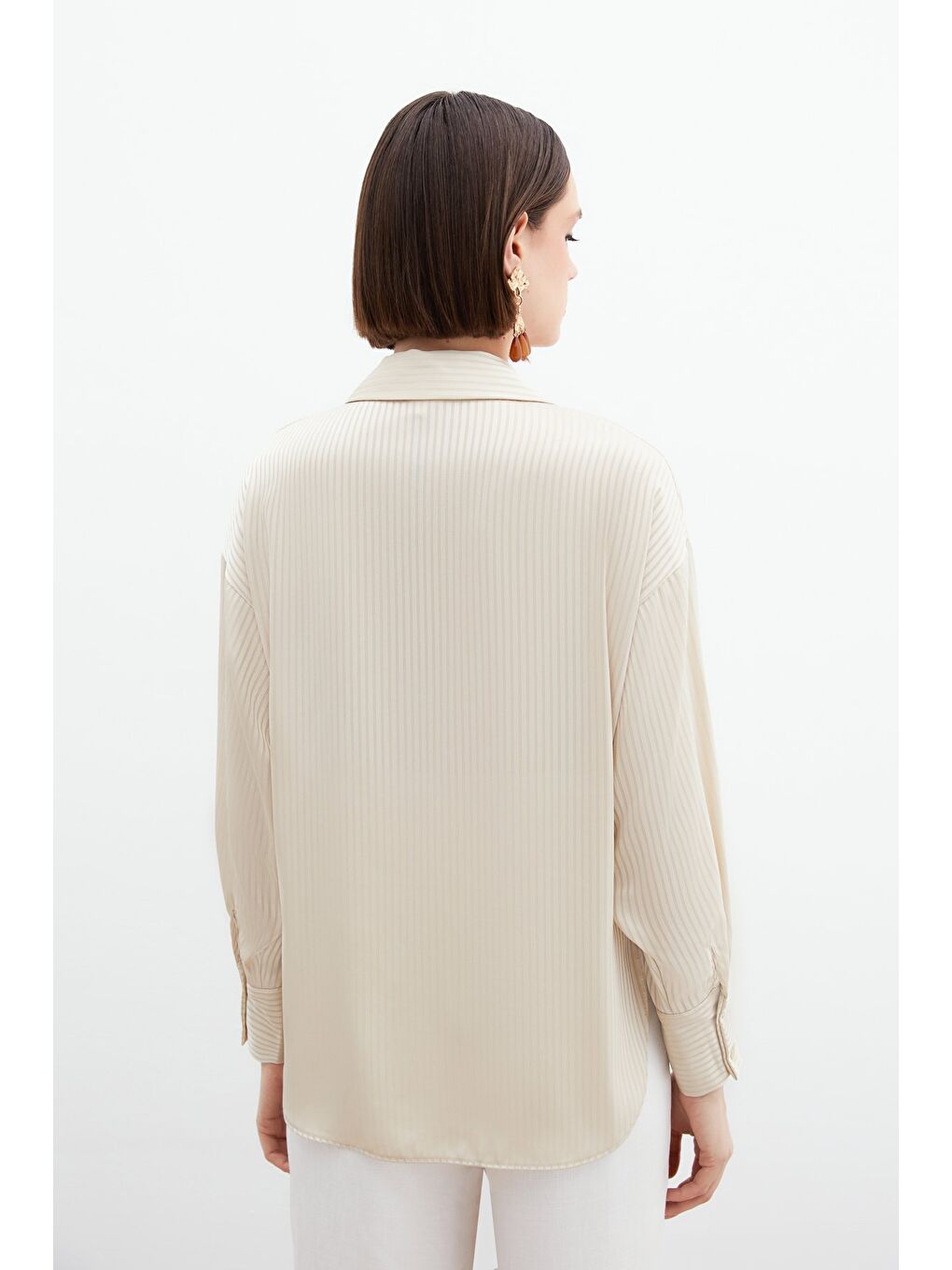 Kendinden Çizgi Desenli Gömlek - Bej-4