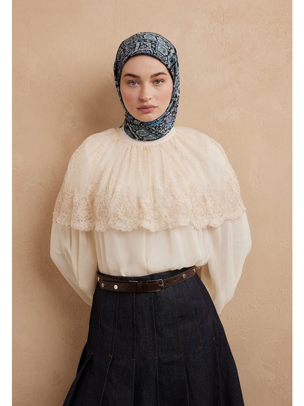 Nordıc Paısley Desen Pamuk İpek Eşarp İndigo-3