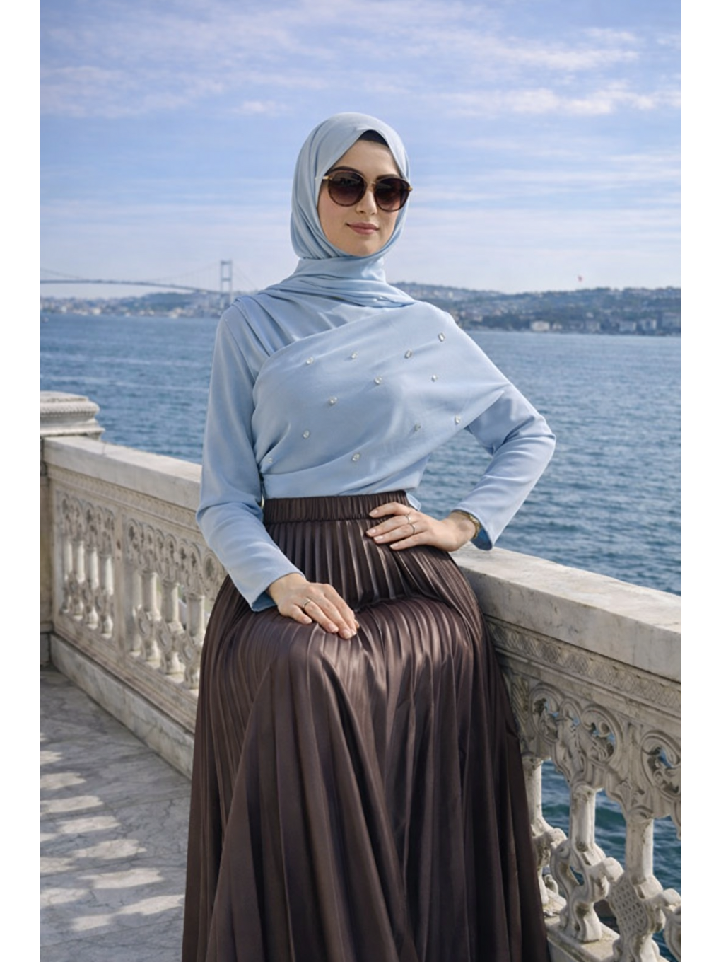 Kahverengi Kadın Premium Pileli K.Kahve Uzun Tesettür Etek-3
