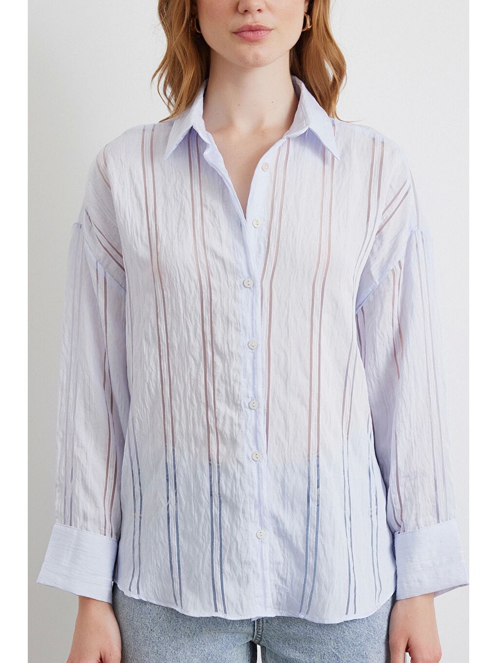 Organze Çizgili Gömlek Mavi-3