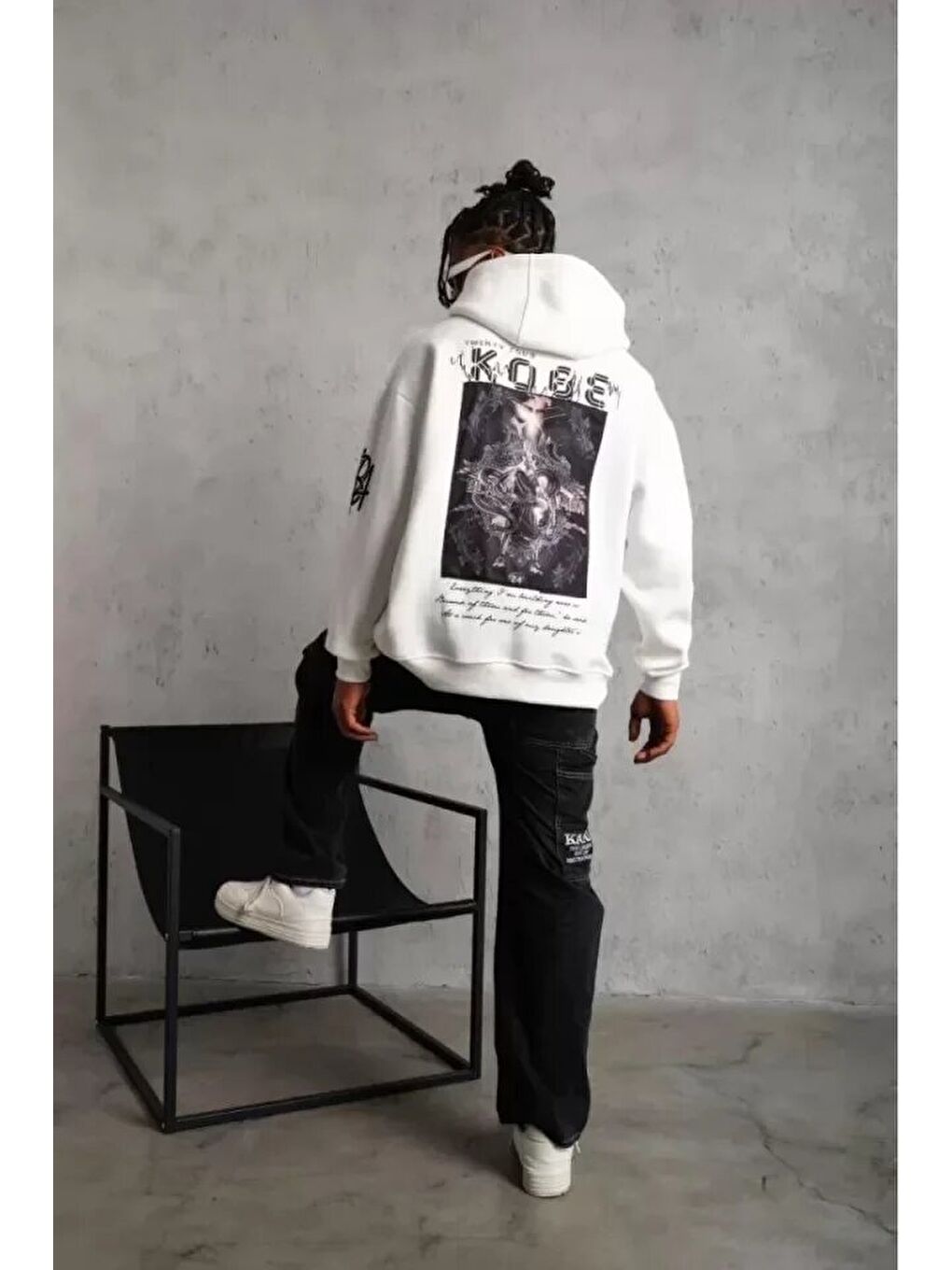 Unisex Sırt Baskılı Kapüşonlu Üç İplik Oversize Sweatshirt - Beyaz-1