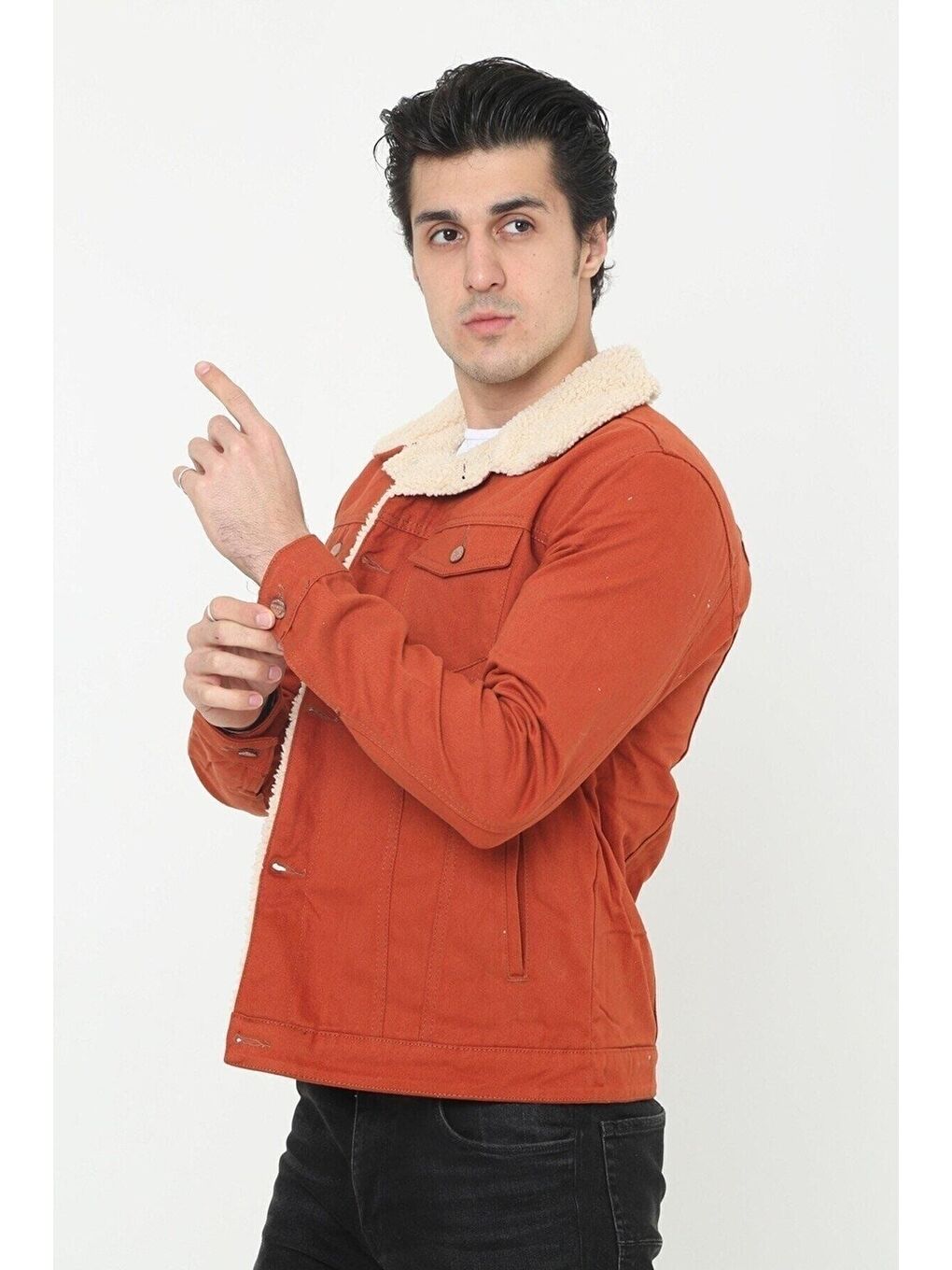 Kahverengi Erkek Trend Kışlık Içi Kürklü Jean Ceket Kiremit-3