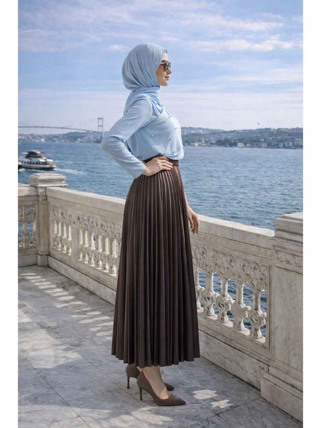 Kahverengi Kadın Premium Pileli K.Kahve Uzun Tesettür Etek-4