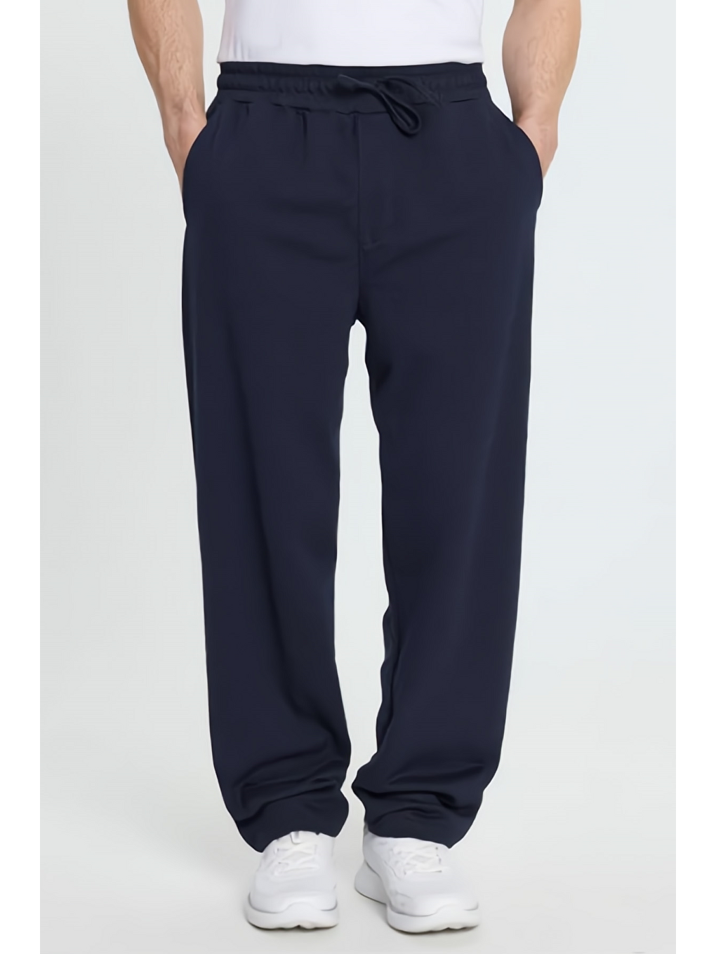 Erkek Lacivert Pamuklu Baggy Fit Rahat Kesim Beli Bağcıklı Yan Cepli Örme Eşofman Altı