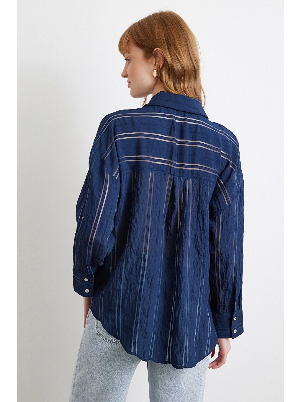 Organze Çizgili Gömlek Lacivert-5