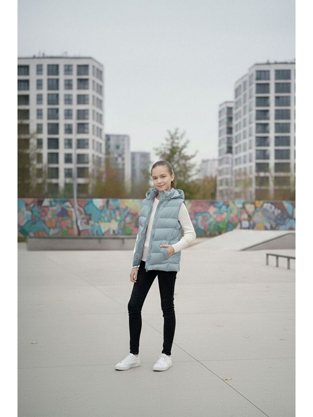 Yeşil Kız Çocuk Kapüşonlu Şişme Yelek-1