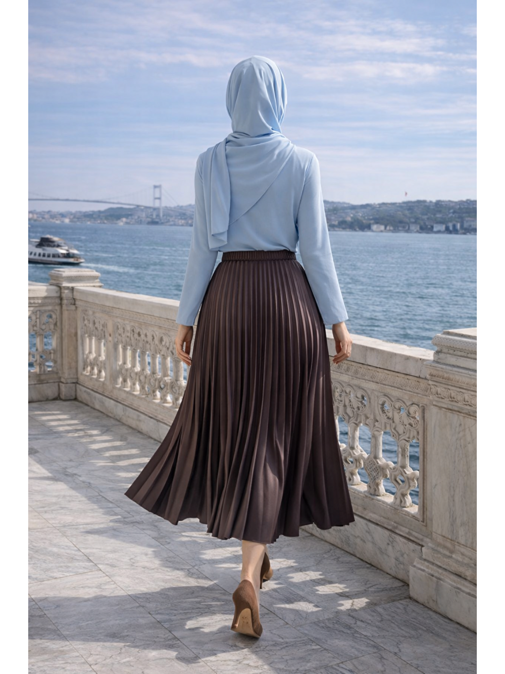 Kahverengi Kadın Premium Pileli K.Kahve Uzun Tesettür Etek-5