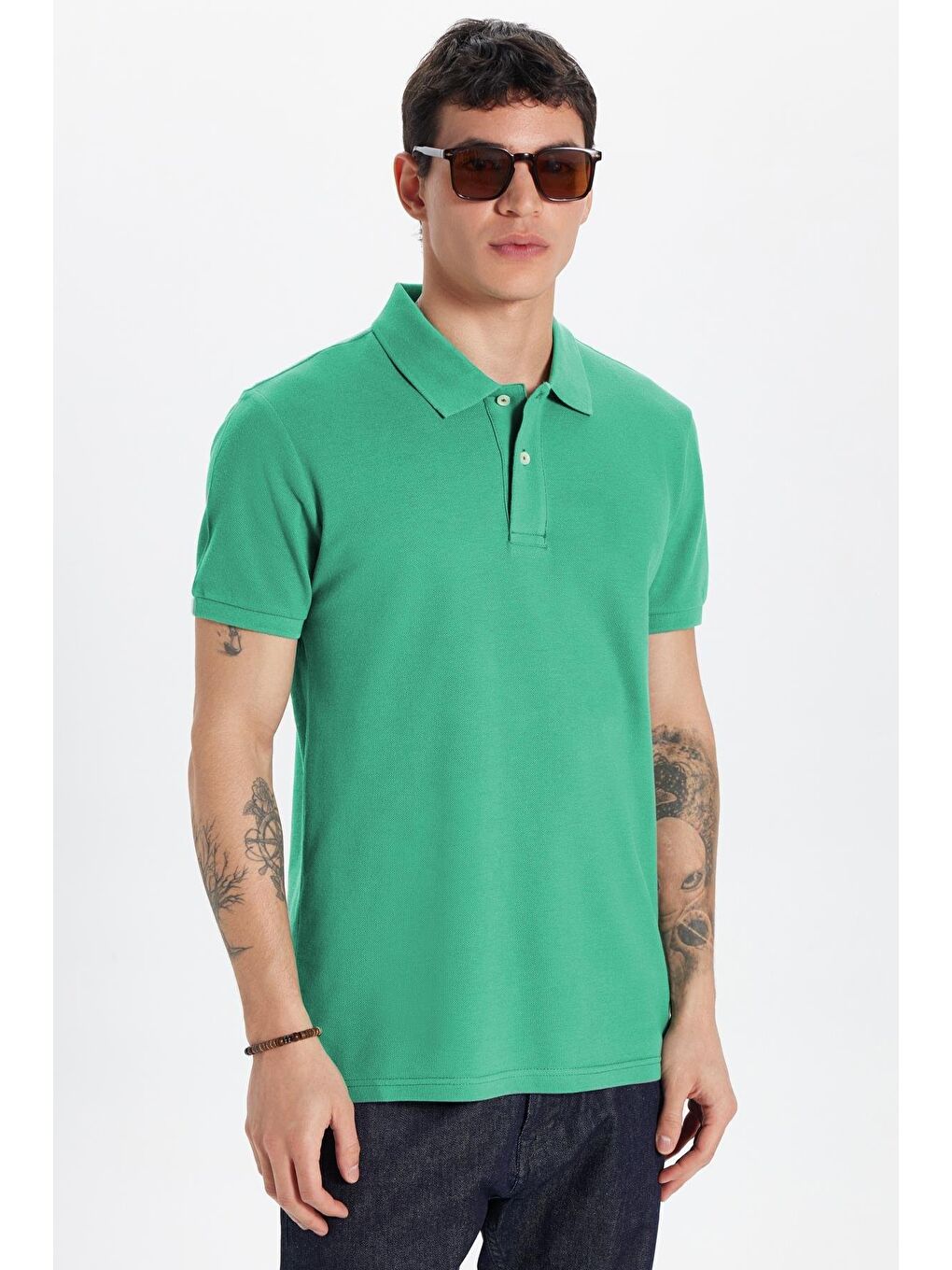 Erkek Slim Fit Dar Kesim %100 Pamuk Yeşil Polo Yaka Tişört-1