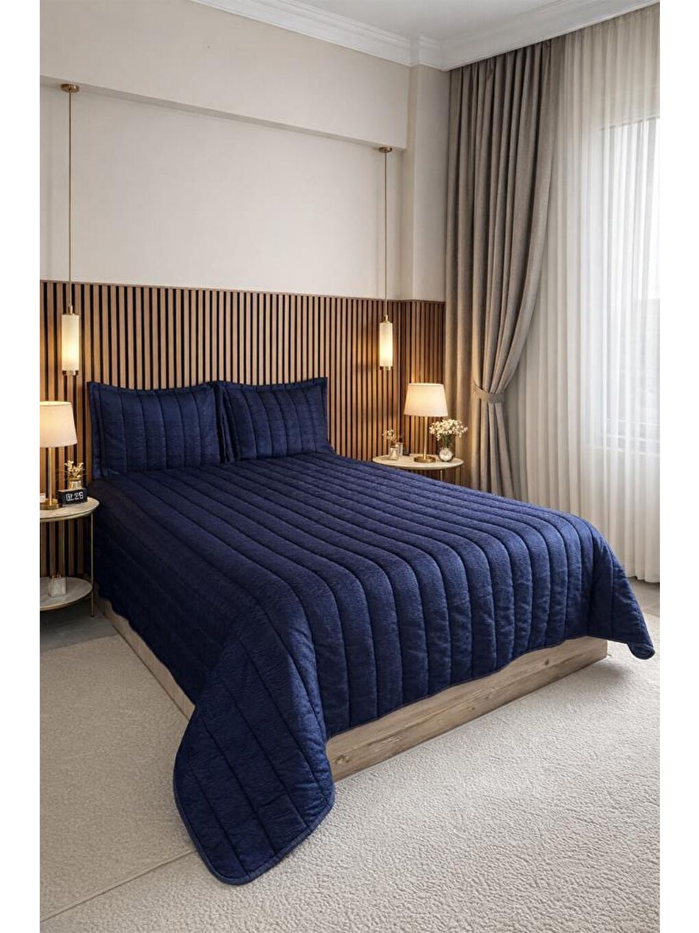 Velmira Jakarlı Kadife Elyaf Dolgulu Yatak Örtüsü 240x240 cm Lacivert