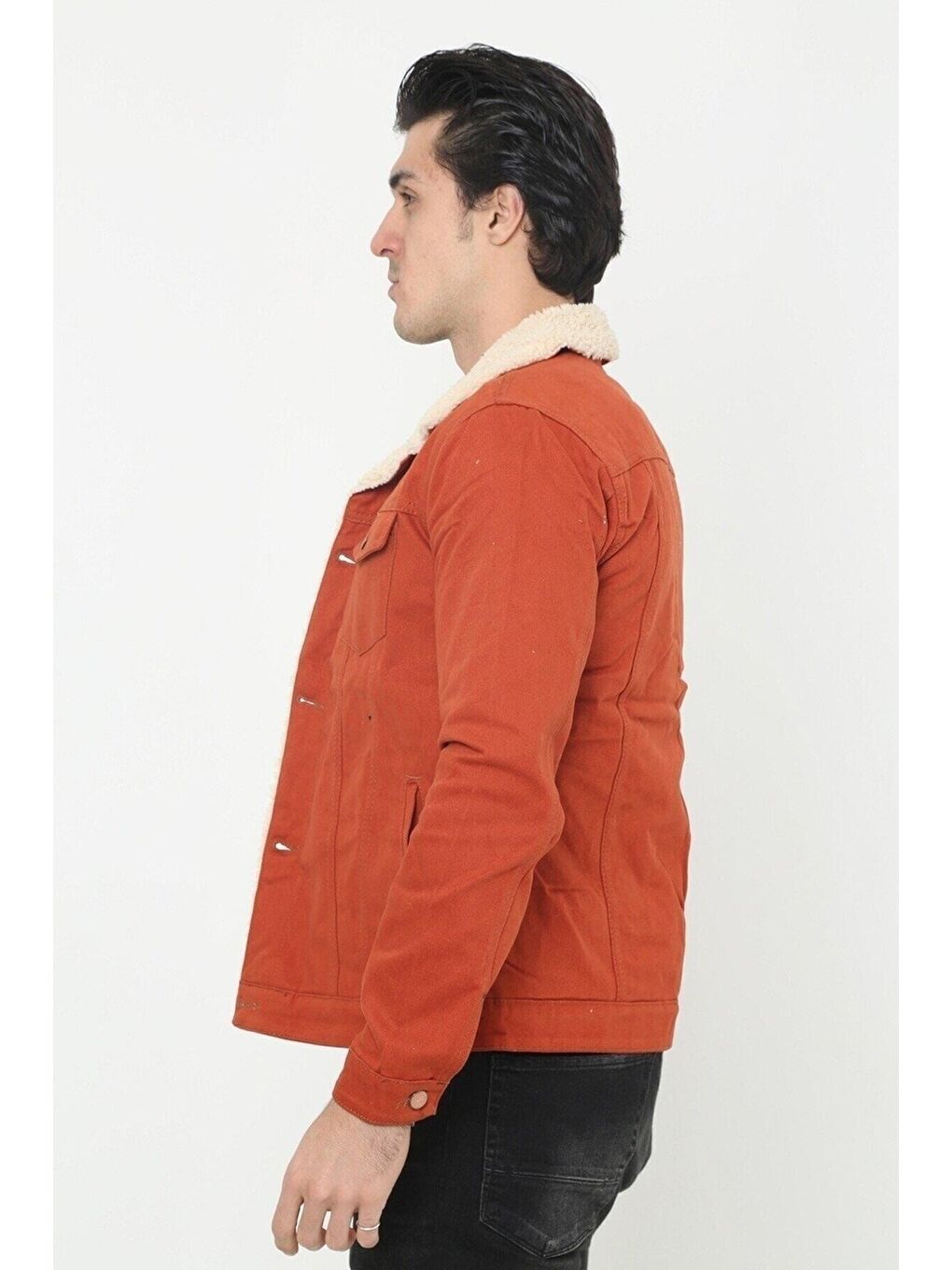 Kahverengi Erkek Trend Kışlık Içi Kürklü Jean Ceket Kiremit-4