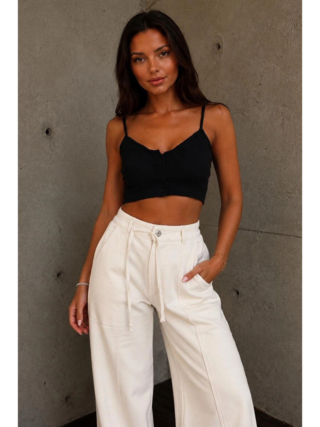 Kadın Ekru Kuşaklı Gabardin Pantolon 26444-1