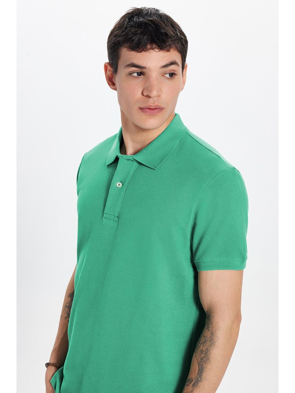 Erkek Slim Fit Dar Kesim %100 Pamuk Yeşil Polo Yaka Tişört-3